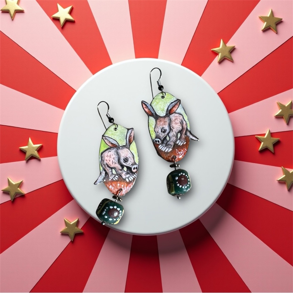 Handpainted baby Aardvark earrings new design! Lightweight sterling African bead